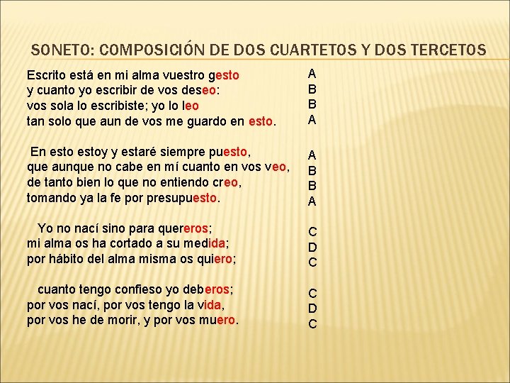 SONETO: COMPOSICIÓN DE DOS CUARTETOS Y DOS TERCETOS Escrito está en mi alma vuestro