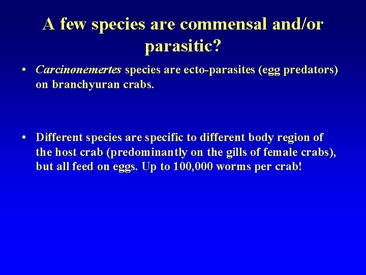 A few species are commensal and/or parasitic? • Carcinonemertes species are ecto-parasites (egg predators)