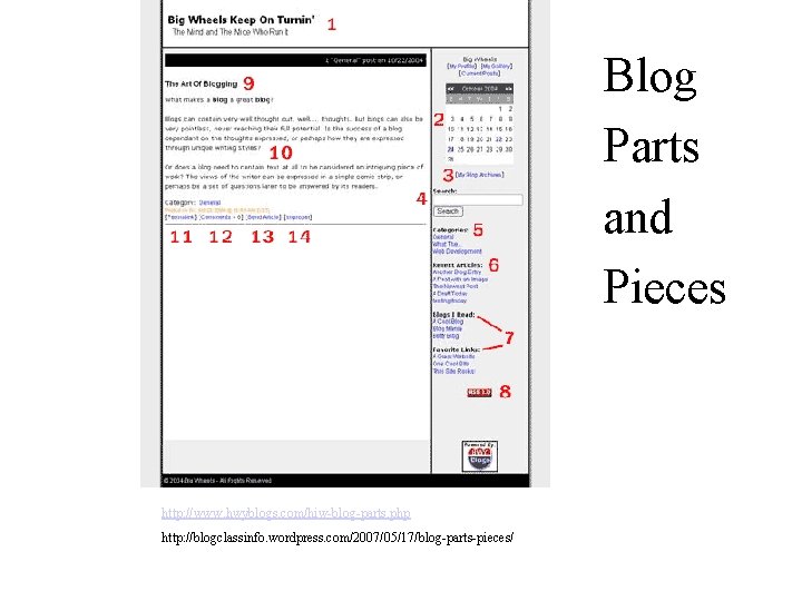 Blog Parts and Pieces http: //www. hwyblogs. com/hiw-blog-parts. php http: //blogclassinfo. wordpress. com/2007/05/17/blog-parts-pieces/ 