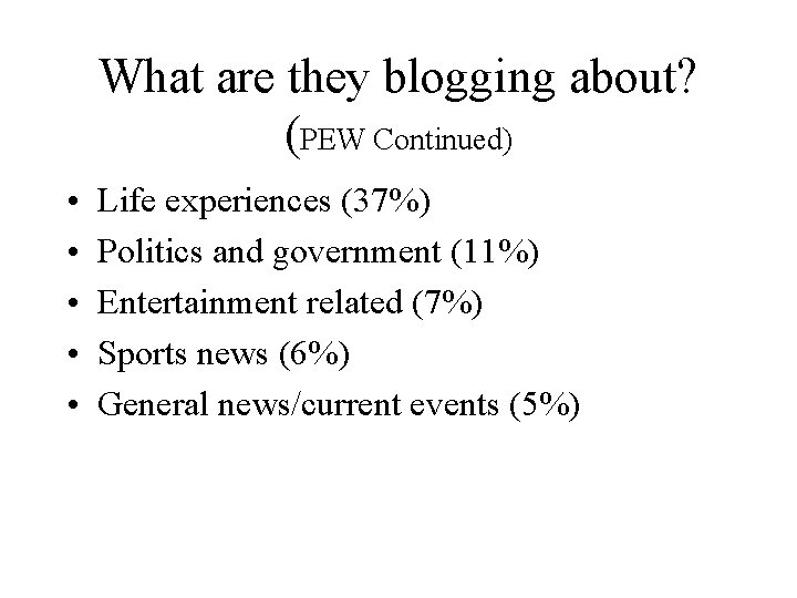 What are they blogging about? (PEW Continued) • • • Life experiences (37%) Politics