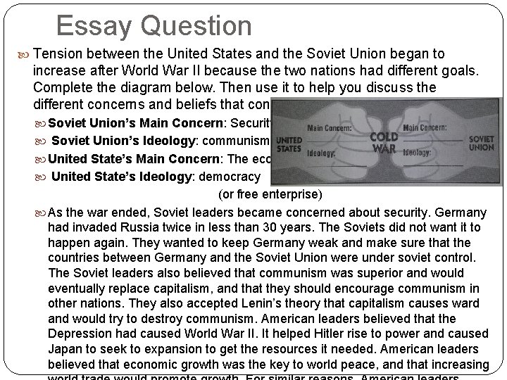 Essay Question Tension between the United States and the Soviet Union began to increase