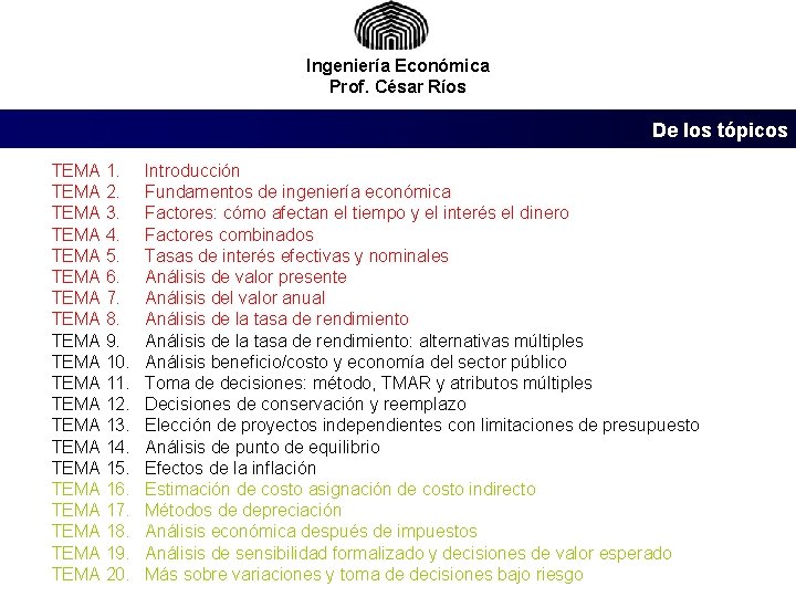 Ingeniería Económica Prof. César Ríos De los tópicos TEMA 1. TEMA 2. TEMA 3.