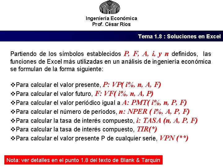 Ingeniería Económica Prof. César Ríos Tema 1. 8 : Soluciones en Excel Partiendo de