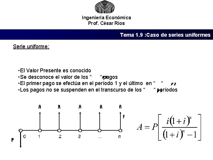 Ingeniería Económica Prof. César Ríos Tema 1. 9 : Caso de series uniformes Serie