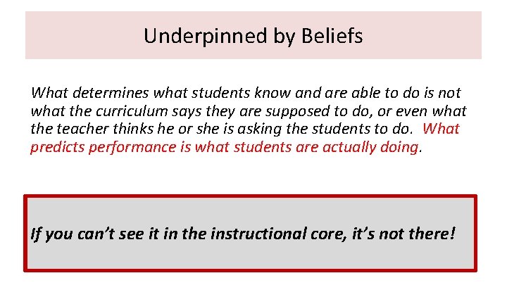 Underpinned by Beliefs What determines what students know and are able to do is