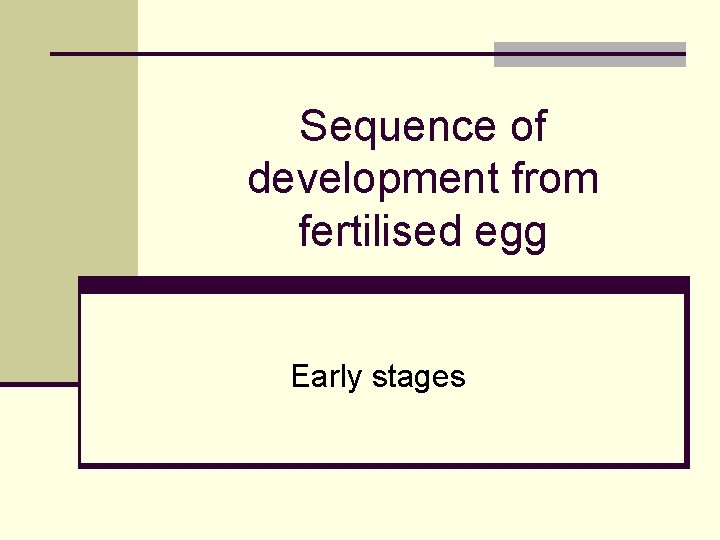 Sequence of development from fertilised egg Early stages 