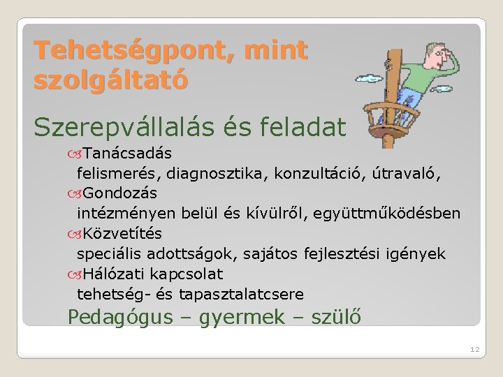 Tehetségpont, mint szolgáltató Szerepvállalás és feladat Tanácsadás felismerés, diagnosztika, konzultáció, útravaló, Gondozás intézményen belül