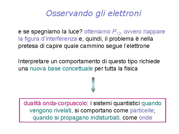 Osservando gli elettroni e se spegniamo la luce? otteniamo P 12, ovvero riappare la