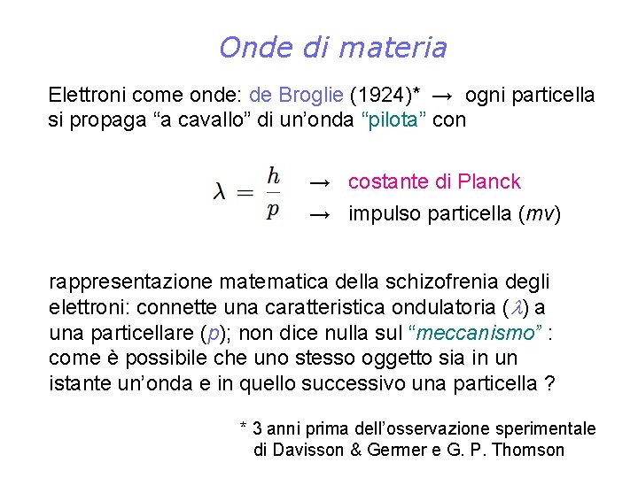 Onde di materia Elettroni come onde: de Broglie (1924)* → ogni particella si propaga