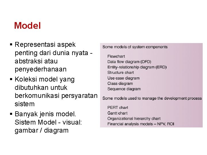 Model § Representasi aspek penting dari dunia nyata abstraksi atau penyederhanaan § Koleksi model