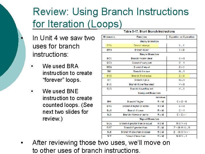 Review: Using Branch Instructions for Iteration (Loops) • • In Unit 4 we saw