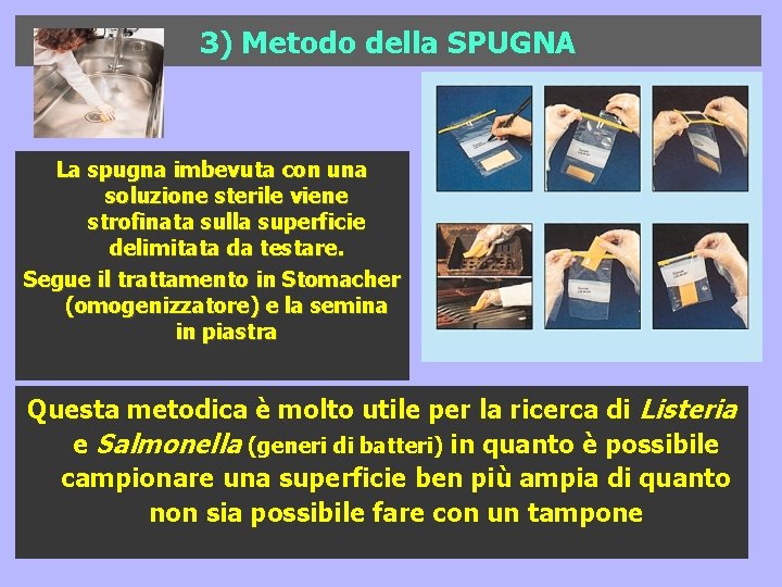 3) Metodo della SPUGNA La spugna imbevuta con una soluzione sterile viene strofinata sulla 3) Metodo della SPUGNA La spugna imbevuta con una soluzione sterile viene strofinata sulla