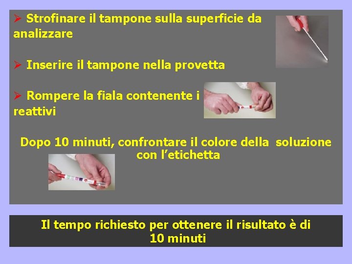 Ø Strofinare il tampone sulla superficie da analizzare Ø Inserire il tampone nella provetta Ø Strofinare il tampone sulla superficie da analizzare Ø Inserire il tampone nella provetta