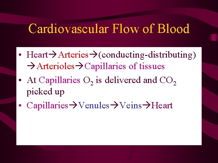 Cardiovascular Flow of Blood • Heart Arteries (conducting-distributing) Arterioles Capillaries of tissues • At