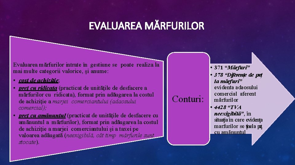 EVALUAREA MĂRFURILOR Evaluarea mărfurilor intrate în gestiune se poate realiza la mai multe categorii