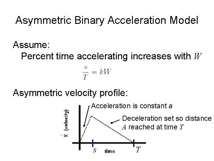 Asymmetric Binary Acceleration Model Assume: Percent time accelerating increases with W Asymmetric velocity profile: