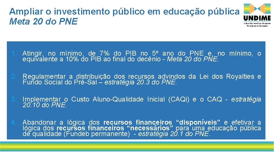Ampliar o investimento público em educação pública Meta 20 do PNE 1. Atingir, no