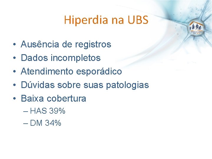 Hiperdia na UBS • • • Ausência de registros Dados incompletos Atendimento esporádico Dúvidas