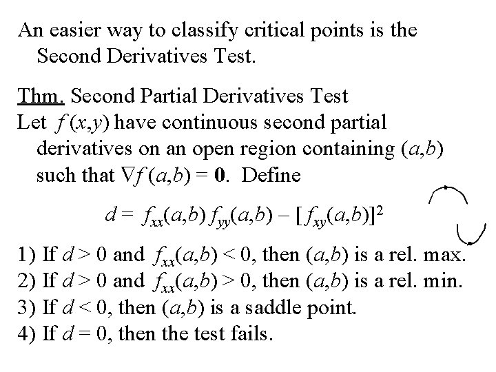 An easier way to classify critical points is the Second Derivatives Test. Thm. Second