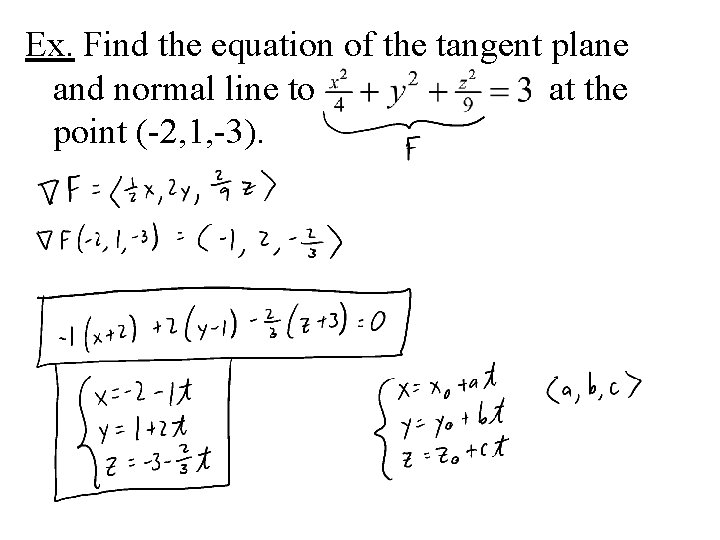 Ex. Find the equation of the tangent plane and normal line to at the