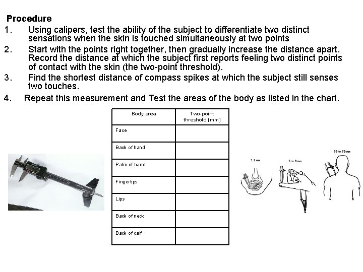 Procedure 1. Using calipers, test the ability of the subject to differentiate two distinct