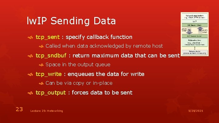 lw. IP Sending Data tcp_sent : specify callback function Called when data acknowledged by