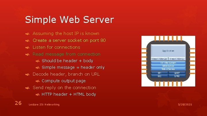 Simple Web Server Assuming the host IP is known Create a server socket on