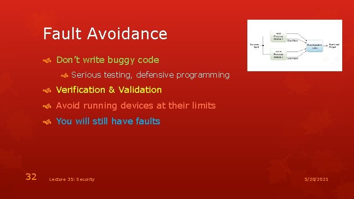 Fault Avoidance Don’t write buggy code Serious testing, defensive programming Verification & Validation Avoid