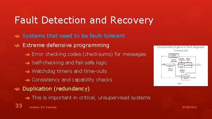 Fault Detection and Recovery Systems that need to be fault-tolerant Extreme defensive programming Error