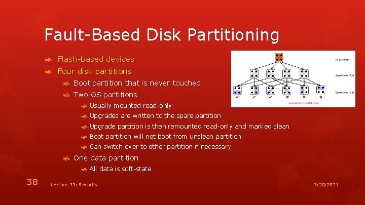 Fault-Based Disk Partitioning Flash-based devices Four disk partitions Boot partition that is never touched