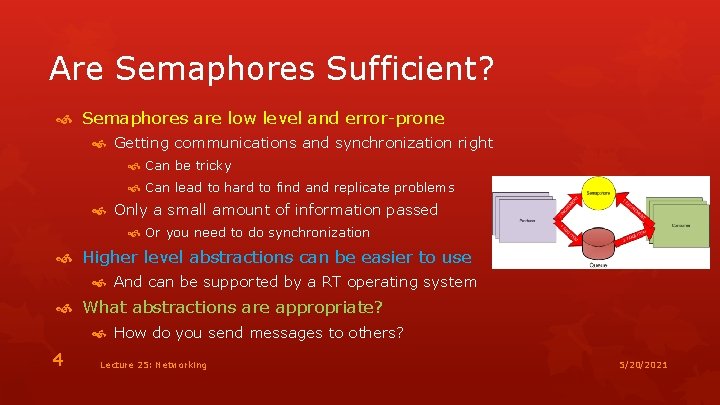 Are Semaphores Sufficient? Semaphores are low level and error-prone Getting communications and synchronization right