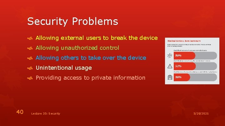 Security Problems Allowing external users to break the device Allowing unauthorized control Allowing others