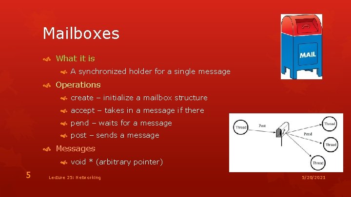 Mailboxes What it is A synchronized holder for a single message Operations create –