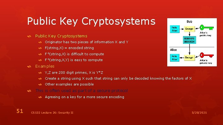 Public Key Cryptosystems Originator has two pieces of information X and Y F(string, X)