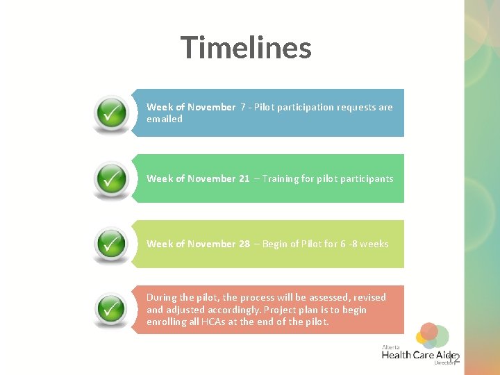 Timelines Week of November 7 - Pilot participation requests are emailed Week of November
