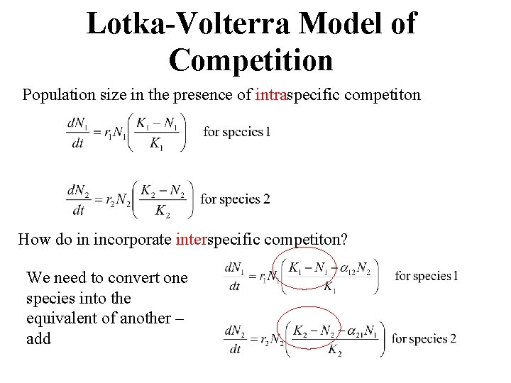 Lotka-Volterra Model of Competition Population size in the presence of intraspecific competiton How do