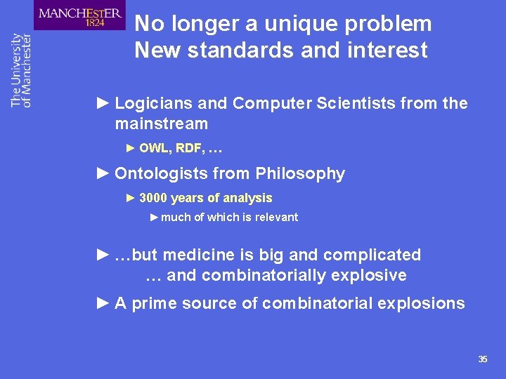 No longer a unique problem New standards and interest ► Logicians and Computer Scientists