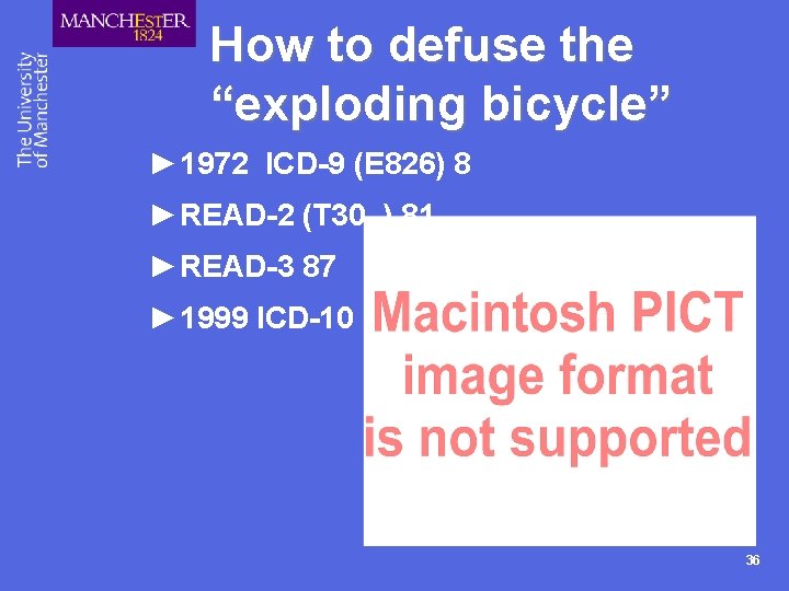How to defuse the “exploding bicycle” ► 1972 ICD-9 (E 826) 8 ► READ-2