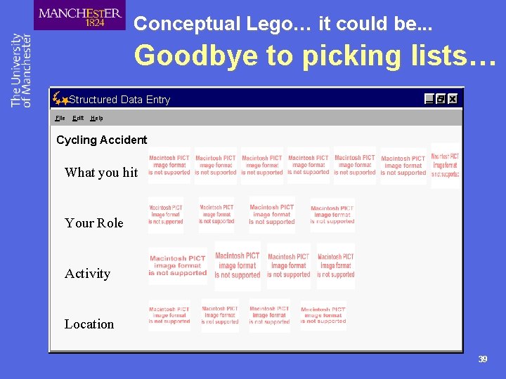 Conceptual Lego… it could be. . . Goodbye to picking lists… Structured Data Entry