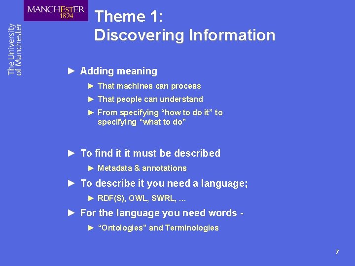 Theme 1: Discovering Information ► Adding meaning ► That machines can process ► That
