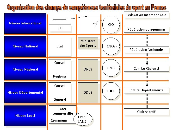 Fédération Internationale Niveau International Niveau National CIO C. E Etat Fédération européenne Ministère des