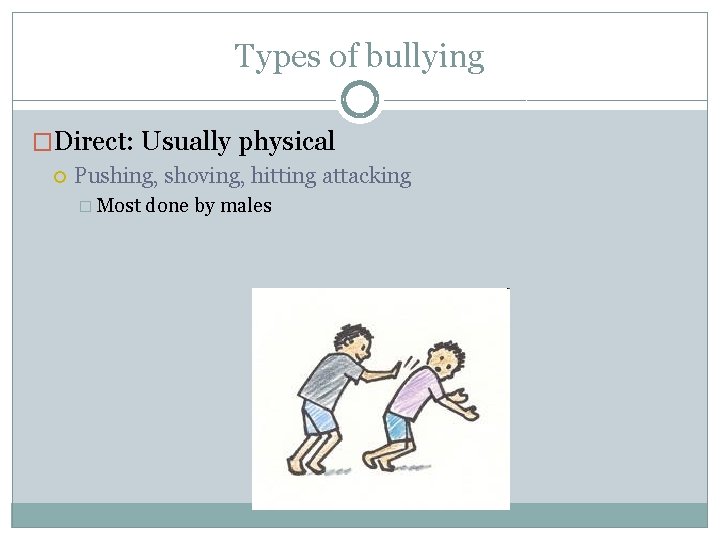 Types of bullying �Direct: Usually physical Pushing, shoving, hitting attacking � Most done by