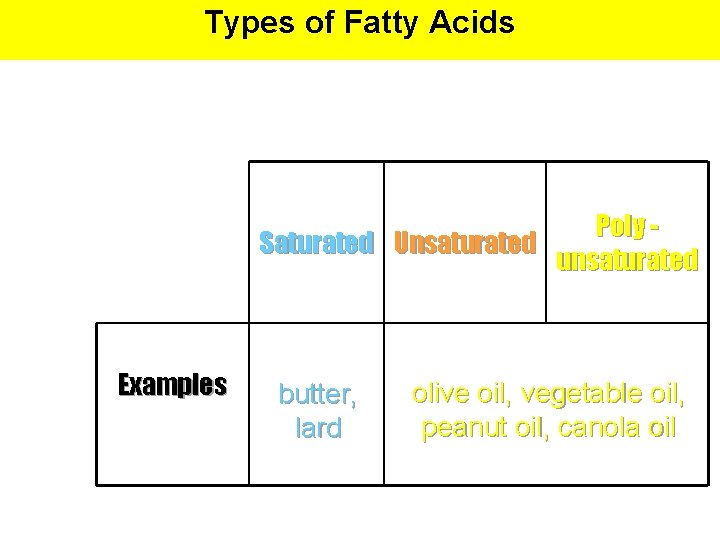 Types of Fatty Acids Poly Saturated Unsaturated unsaturated Examples butter, lard olive oil, vegetable
