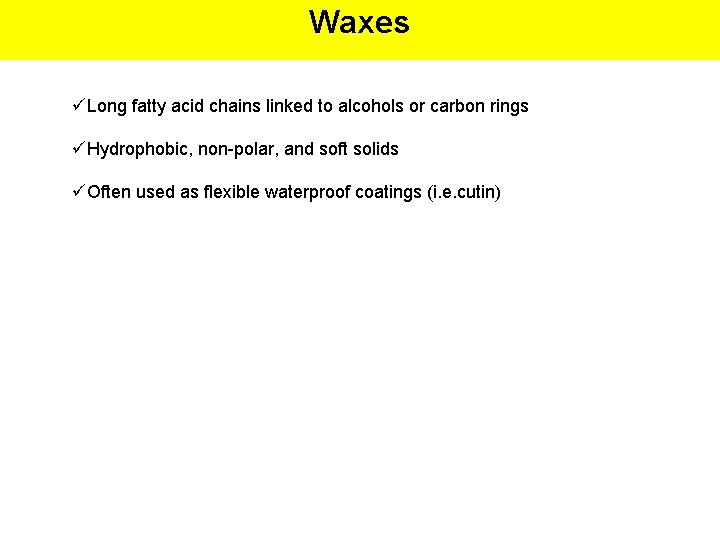 Waxes üLong fatty acid chains linked to alcohols or carbon rings üHydrophobic, non-polar, and
