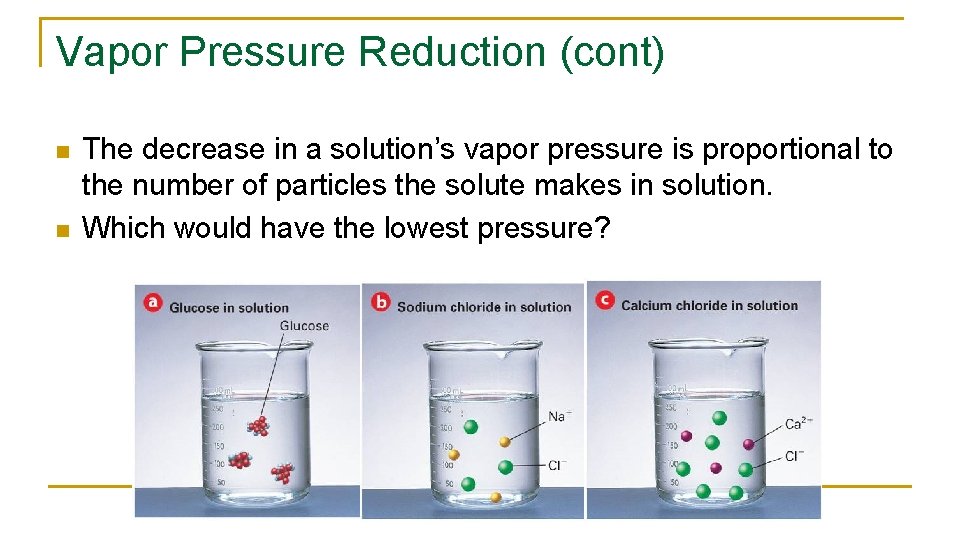 Vapor Pressure Reduction (cont) n n The decrease in a solution’s vapor pressure is