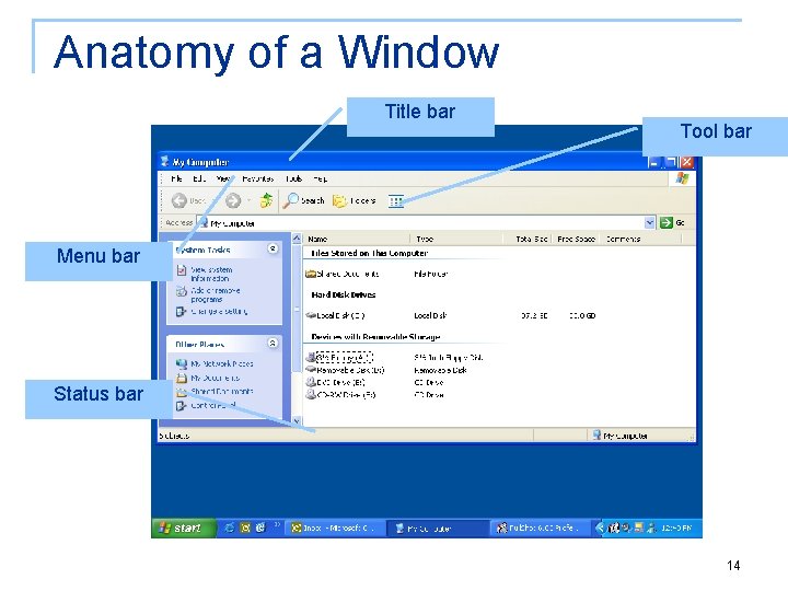 Anatomy of a Window Title bar Tool bar Menu bar Status bar 14 