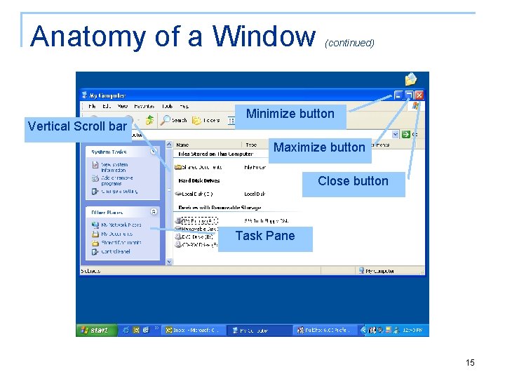Anatomy of a Window Vertical Scroll bar (continued) Minimize button Maximize button Close button