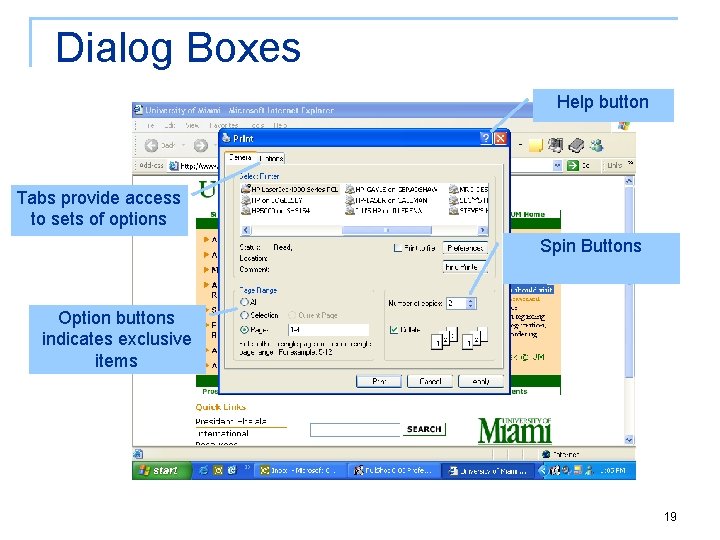 Dialog Boxes Help button Tabs provide access to sets of options Spin Buttons Option