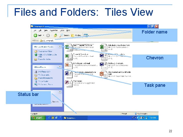 Files and Folders: Tiles View Folder name Chevron Task pane Status bar 22 