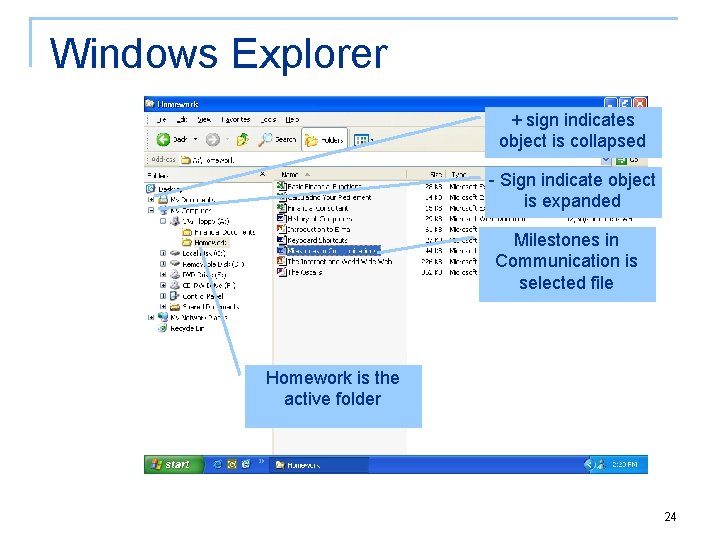 Windows Explorer + sign indicates object is collapsed - Sign indicate object is expanded